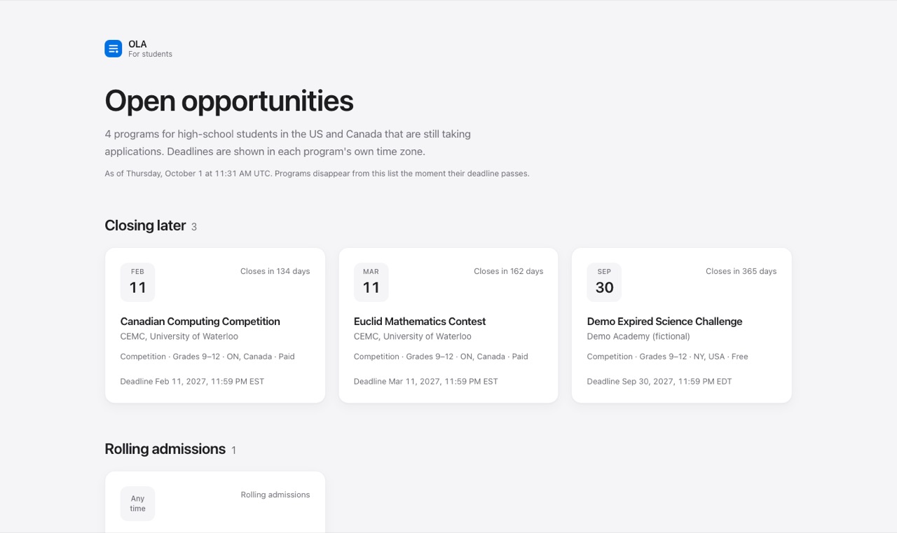 Student view: open opportunities with deadlines